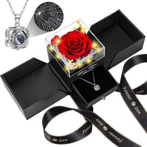 Preserved Red Rose & Necklace Gift Box - Romantic & Timeless For Her