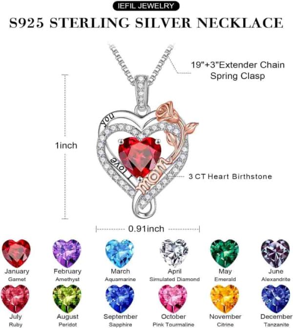 Iefil Sterling Silver Birthstone Necklace - Heart Pendant Gift - Image 5