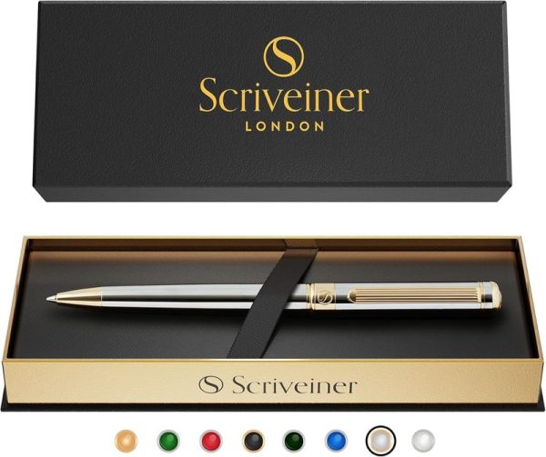 Luxury Scriveiner Silver Chrome Ballpoint Pen With 24k Gold Finish