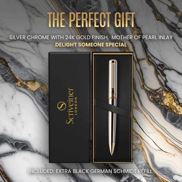 Luxury Scriveiner Silver Chrome Ballpoint Pen With 24k Gold Finish - Image 2
