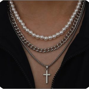 Best Layered Pearl & Cuban Link Necklace Set For Men