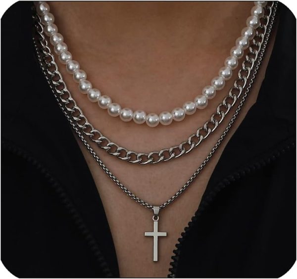 Best Layered Pearl & Cuban Link Necklace Set For Men