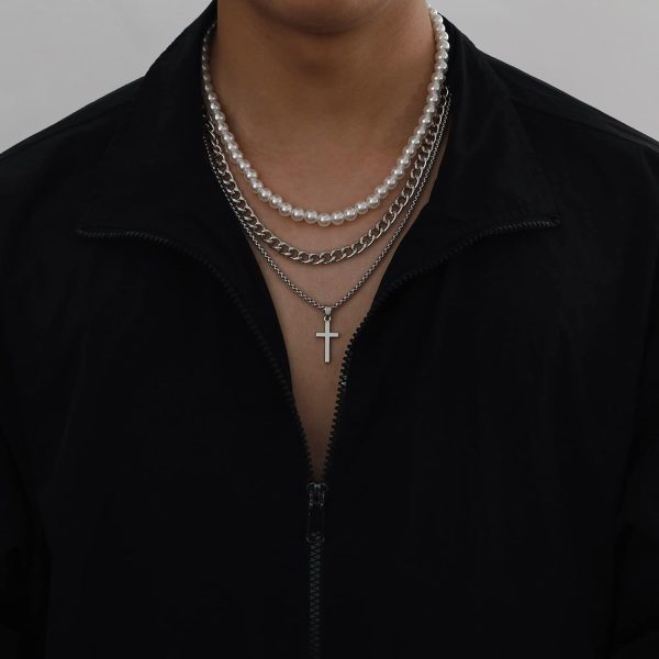 Best Layered Pearl & Cuban Link Necklace Set For Men - Image 2