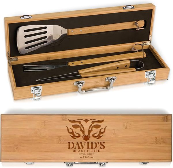 Personalized Bbq Tool Set - Bamboo Box Gift For Men & Dad