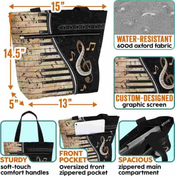 Best Piano Lovers Tote Bag With Pockets & Zipper - Image 2
