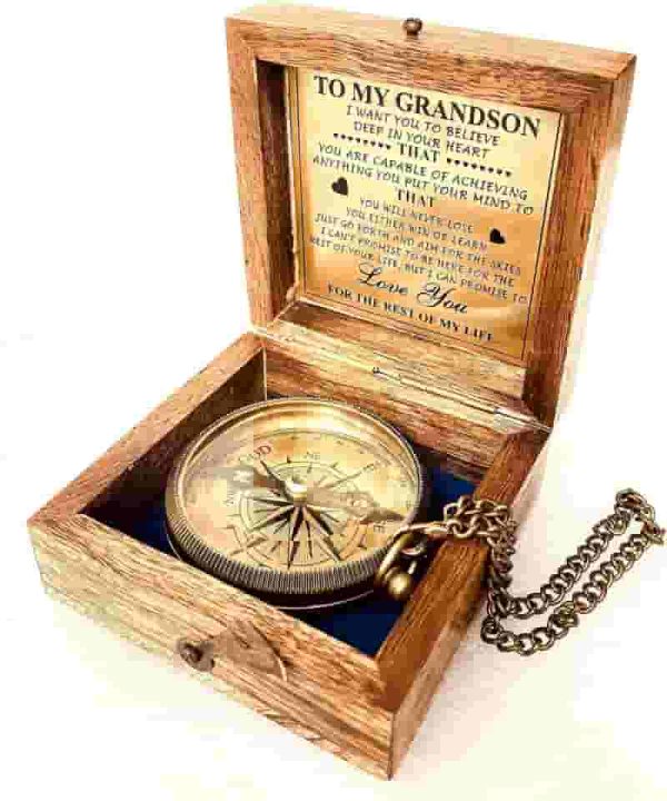 Engraved Brass Compass Gift For Grandson - Unique Memory Present - Image 2