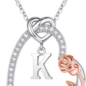 925 Sterling Silver Rose Heart Necklace With Initial - Perfect Gift For Women