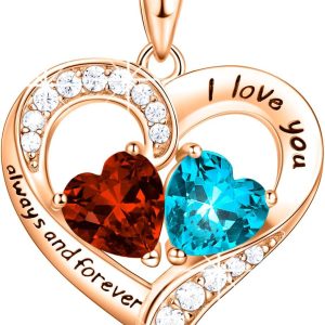 18k Rose Gold Heart Necklace With Birthstones - Gift For Her