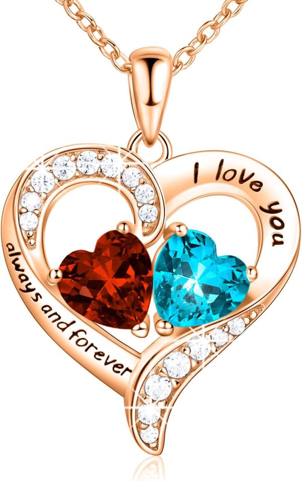 18k Rose Gold Heart Necklace With Birthstones - Gift For Her