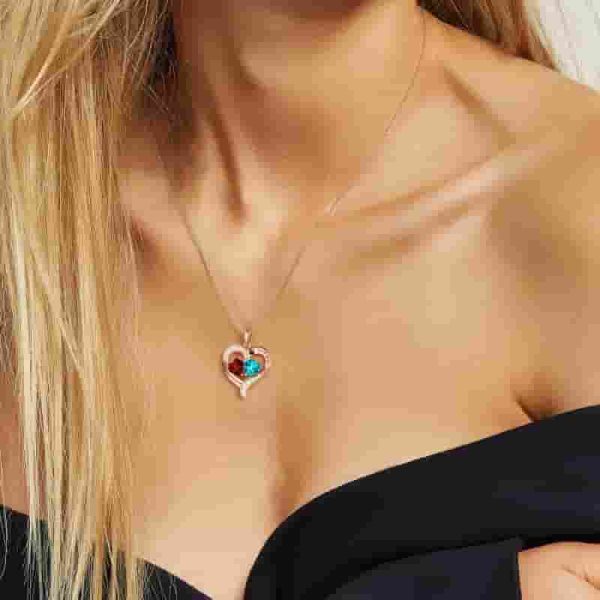 18k Rose Gold Heart Necklace With Birthstones - Gift For Her - Image 2