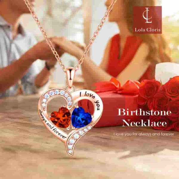 18k Rose Gold Heart Necklace With Birthstones - Gift For Her - Image 6