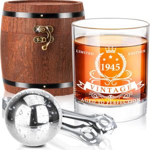 Best 80th Birthday Gifts For Men - 1945 Whiskey Glass Set In Barrel Box