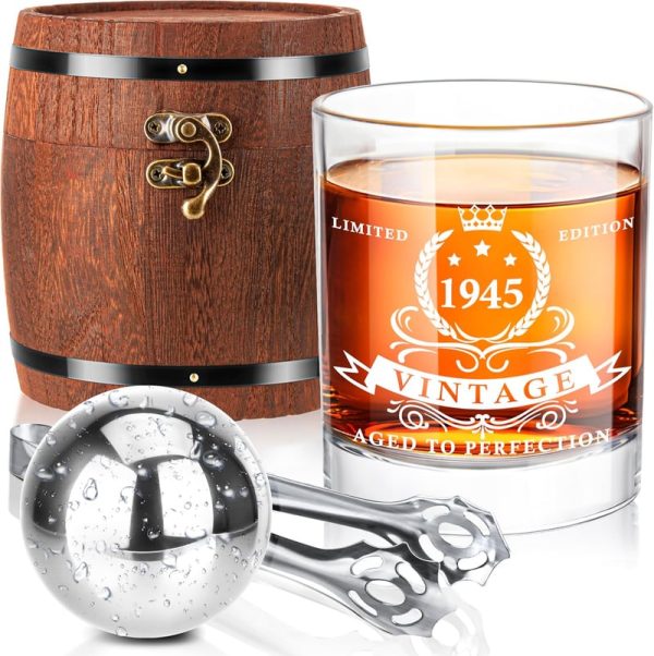 Best 80th Birthday Gifts For Men - 1945 Whiskey Glass Set In Barrel Box