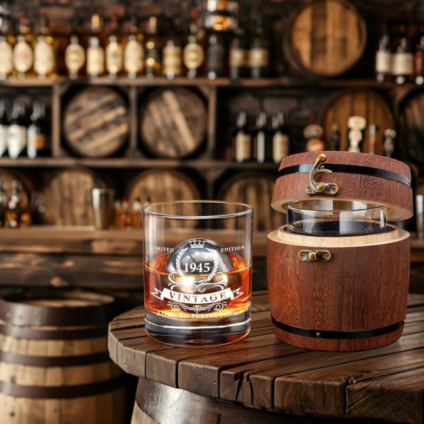 Best 80th Birthday Gifts For Men - 1945 Whiskey Glass Set In Barrel Box - Image 3