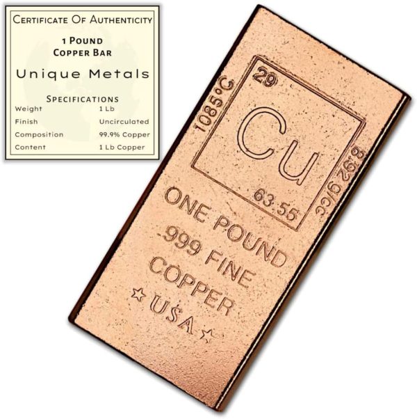 1 Lb Copper Bar - 999 Fine With Certificate | Unique Metals