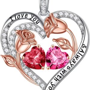 Best Birthstone Necklace - Sterling Silver Rose Heart Jewelry