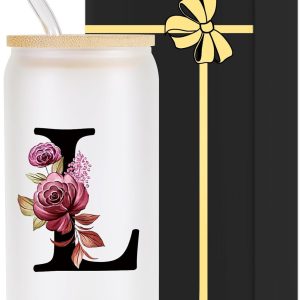 Best Monogrammed Glass Drinking Cup With Lid & Straw - Perfect Gifts