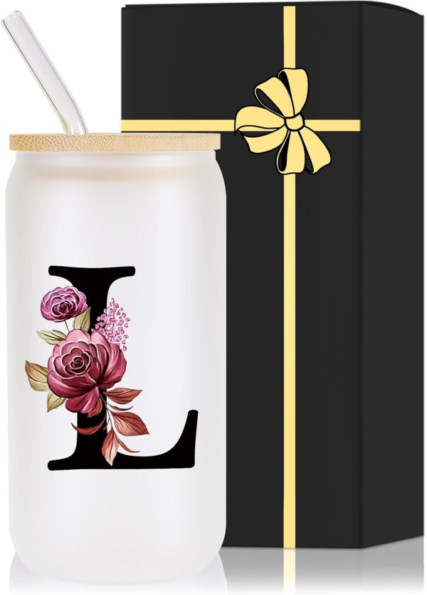 Best Monogrammed Glass Drinking Cup With Lid & Straw - Perfect Gifts