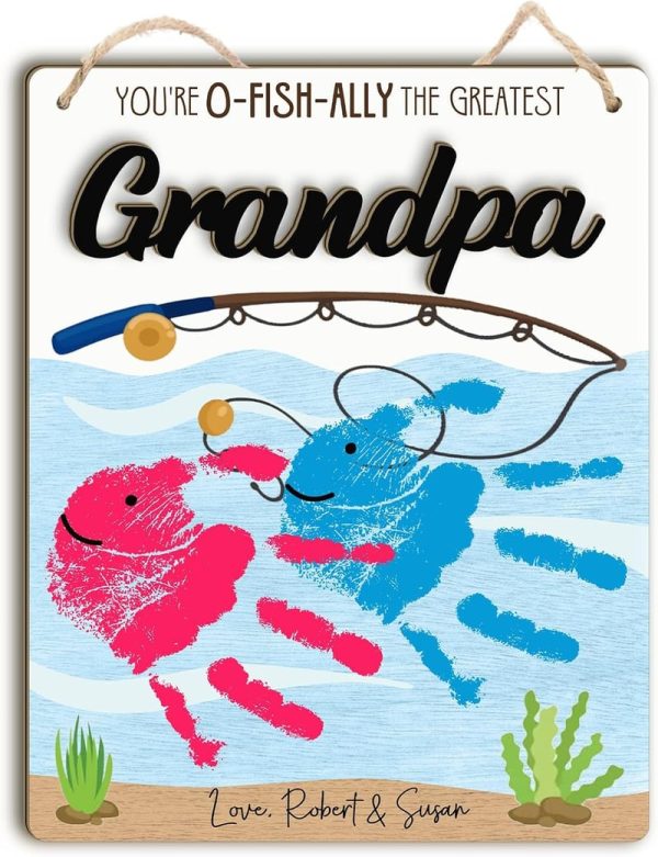 Custom Baby Handprint Gift - Fishing Grandpa Wood Plaque