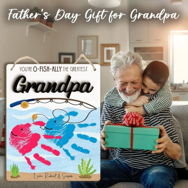 Custom Baby Handprint Gift - Fishing Grandpa Wood Plaque - Image 6