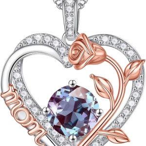 Sterling Silver Rose Birthstone Necklace For Mom - Best Gift