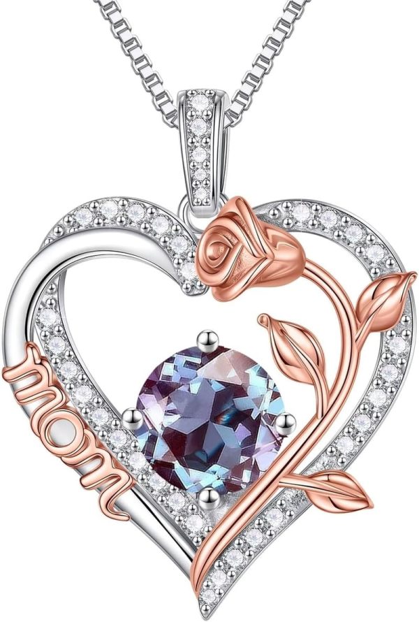 Sterling Silver Rose Birthstone Necklace For Mom - Best Gift
