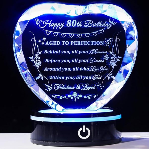 Best 80th Birthday Crystal Heart Gift With Led Base - 1943 Keepsake