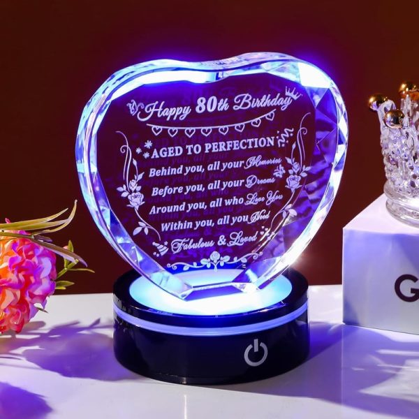 Best 80th Birthday Crystal Heart Gift With Led Base - 1943 Keepsake - Image 4