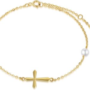 14k Gold Pearl Cross Bracelet For Women - Best Confirmation Gift