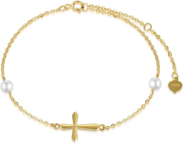 14k Gold Pearl Cross Bracelet For Women - Best Confirmation Gift