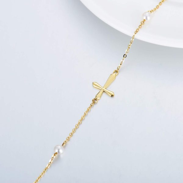 14k Gold Pearl Cross Bracelet For Women - Best Confirmation Gift - Image 2