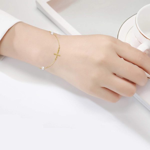 14k Gold Pearl Cross Bracelet For Women - Best Confirmation Gift - Image 3