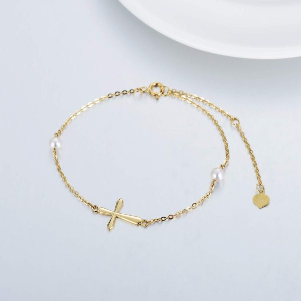 14k Gold Pearl Cross Bracelet For Women - Best Confirmation Gift - Image 4