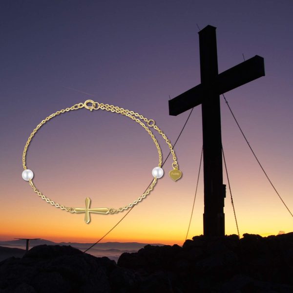 14k Gold Pearl Cross Bracelet For Women - Best Confirmation Gift - Image 5