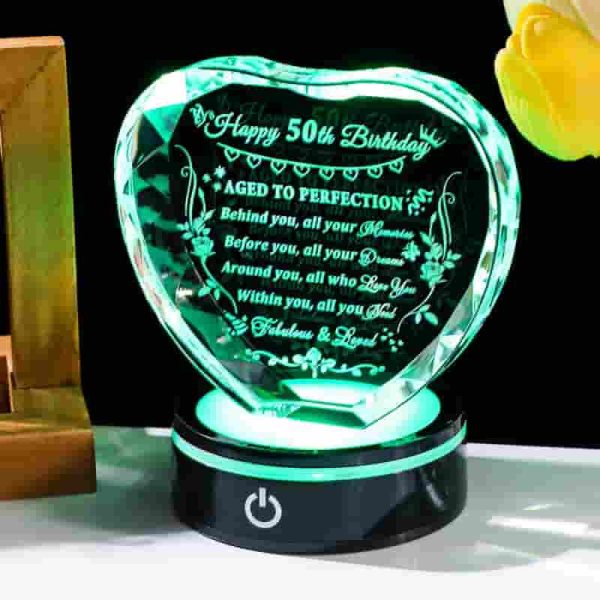 Best 50th Birthday Gift – Crystal Heart With Light Base For Women & Men - Image 3