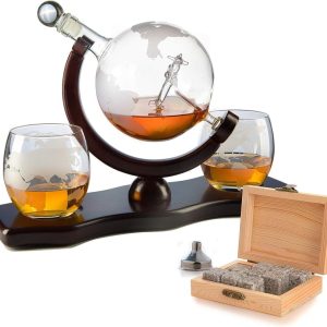 Best Etched Globe Decanter Gift Set With Airplane
