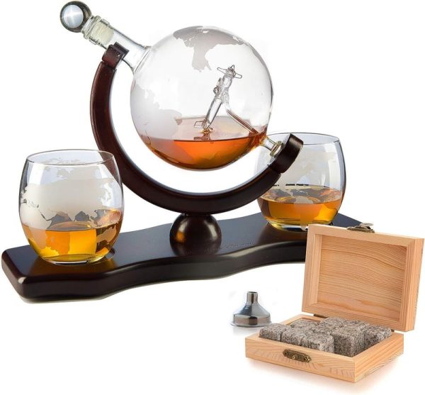 Best Etched Globe Decanter Gift Set With Airplane