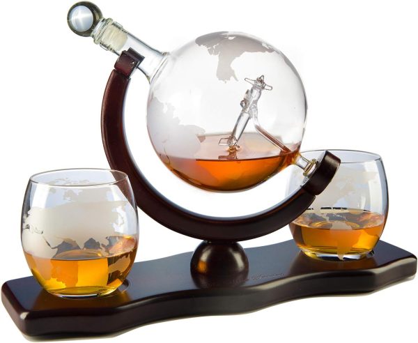 Best Etched Globe Decanter Gift Set With Airplane - Image 3
