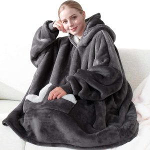Warm Cozy Grey Sherpa Fleece Wearable Blanket Hoodie