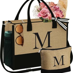 Yoolife Women's Initial Jute Tote & Makeup Set