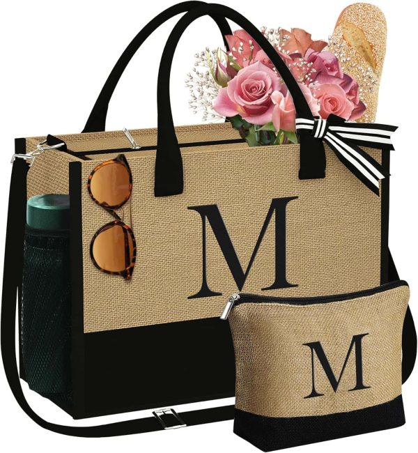 Yoolife Women's Initial Jute Tote & Makeup Set