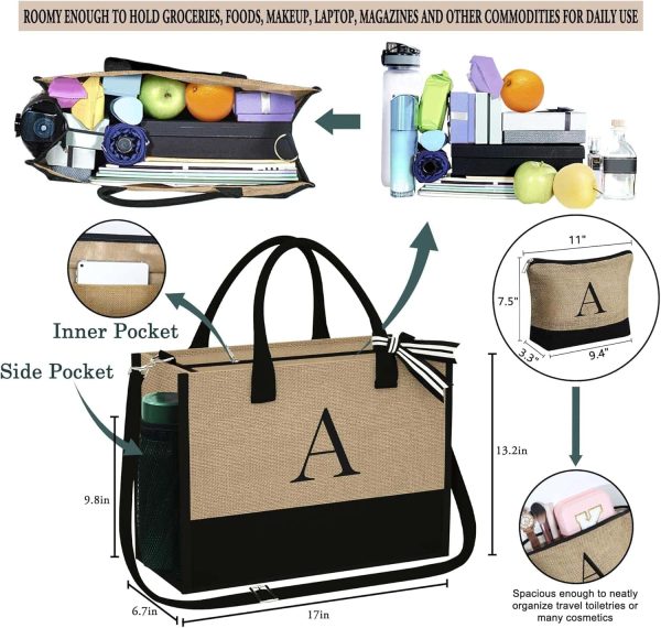 Yoolife Women's Initial Jute Tote & Makeup Set - Image 2