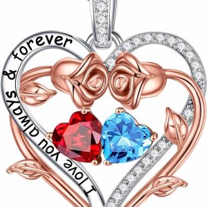 Iefil Rose Heart Birthstone Necklace Gifts Women