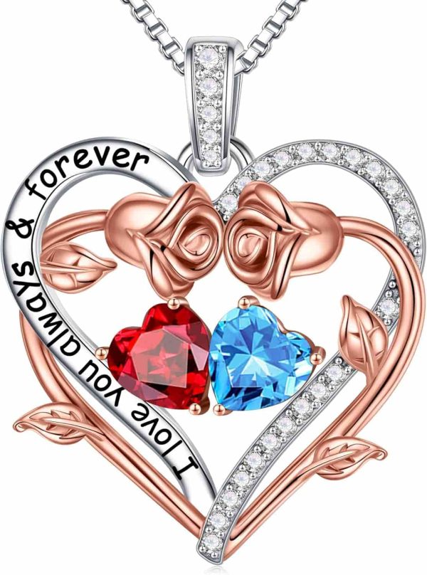 Iefil Rose Heart Birthstone Necklace Gifts Women