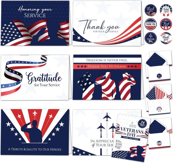 Patriotic Veterans Day Cards Set - 24 Pack, 6 Designs