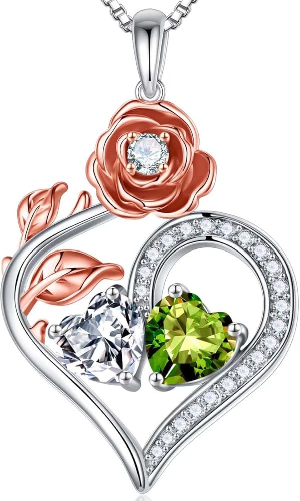 Iefil Rose Heart 925 Silver Double Birthstone Necklace