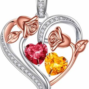 Sterling Silver Rose Heart Birthstone Necklace