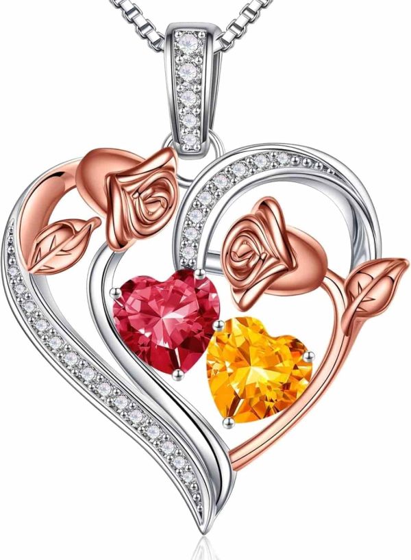 Sterling Silver Rose Heart Birthstone Necklace