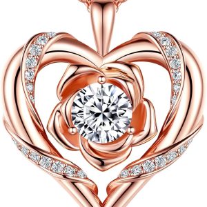 Moissanite Heart Rose Pendant Necklace S925 Gold Plated